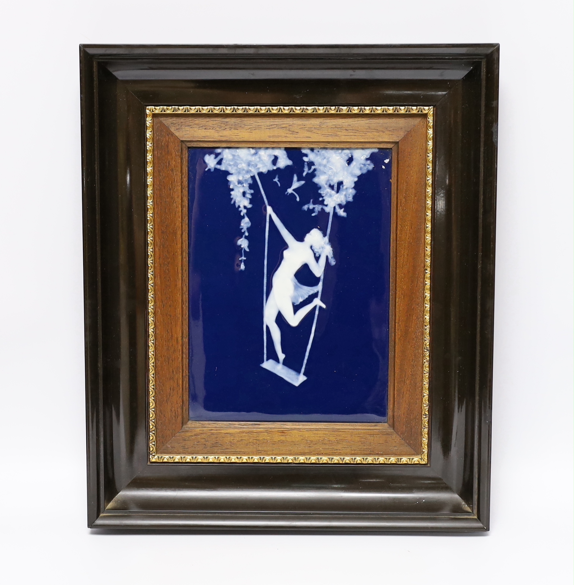 A framed pate sur pate panel signed Chaufriase, Limoges, girl on swing. Width 34cm, Depth 5cm, Height 41cm. (Panel only, Width 18cm, Height 24cm)